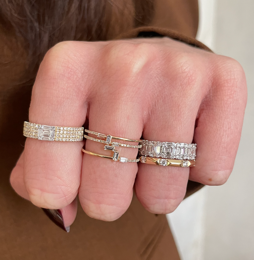 Illusion Emerald Diamond 1/2 Eternity Ring, round and baguette diamonds cluster to create the illusion of single