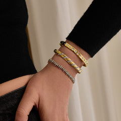 Inlay Baguette and Pear Diamond Geometric Bangle, 14K Yellow Gold- URBAETIS Fine Jewelry