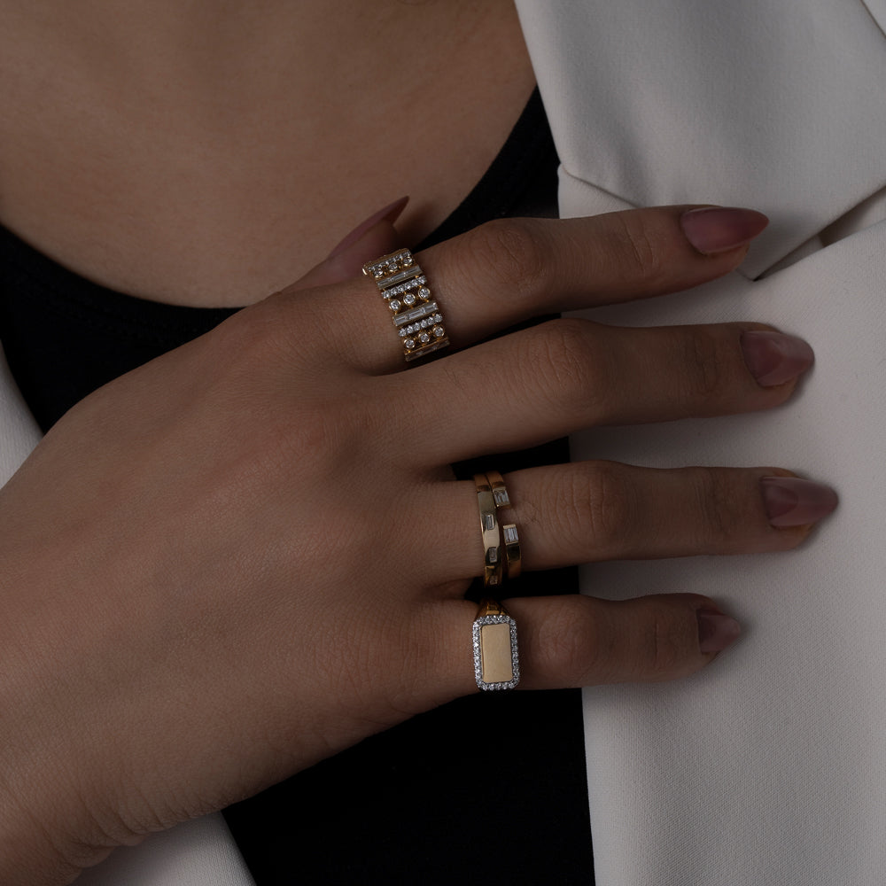 14k yellow gold and diamond ring stack on model