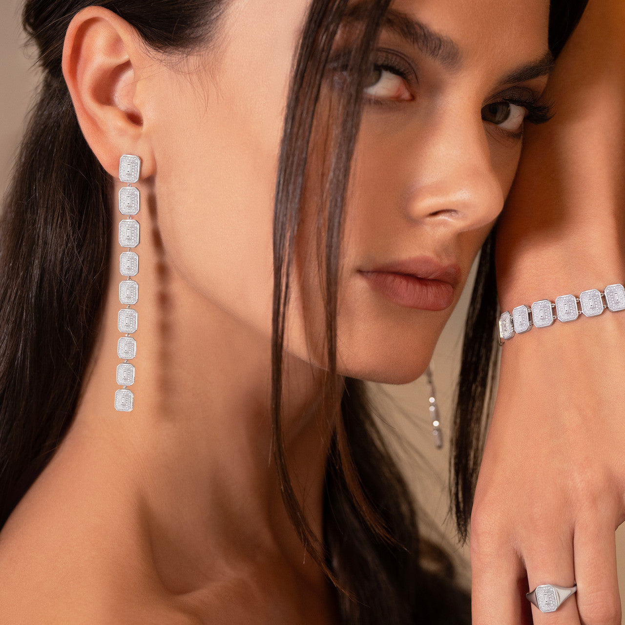 Diamond Shield Statement Earrings, 14k white gold - URBAETIS Fine Jewelry