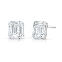 XL illusion Emerald Diamond Cluster Stud Earrings, 14k white gold - Urbaetis Fine Jewelry