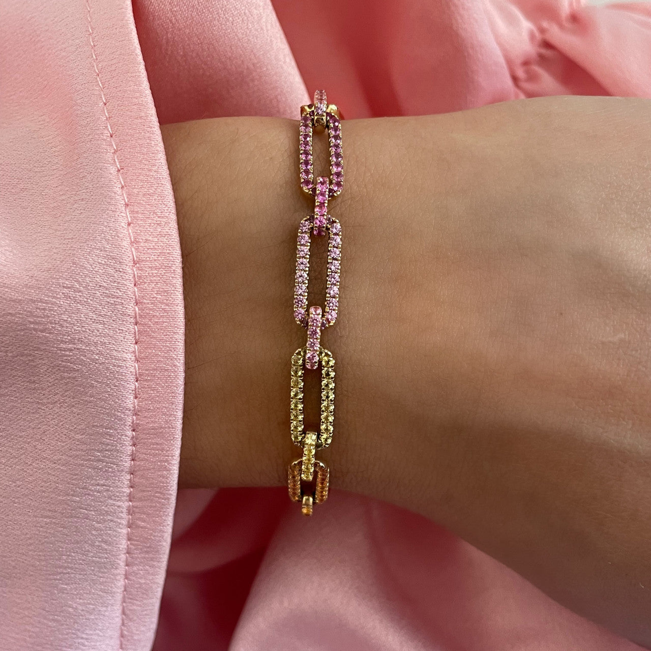 Rainbow Sapphire Long link Bracelet, 14K Yellow Gold- URBAETIS Fine Jewelry