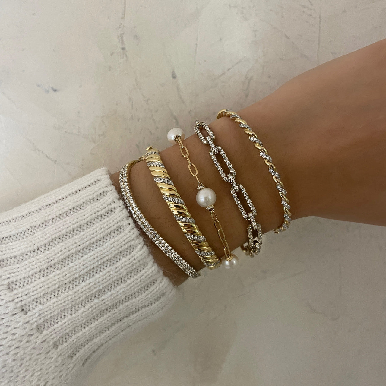 Twisted Gold and Diamond Bangle, 14K Yellow Gold- URBAETIS Fine jewelry