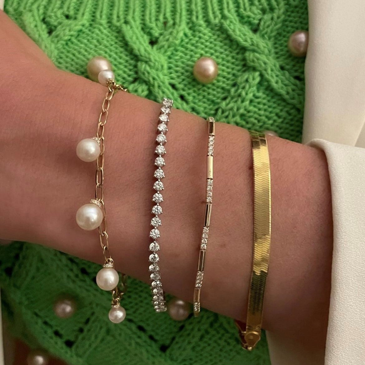 Pearl and Diamond Charm Chain Bracelet, 14K Yellow Gold- URBAETIS Fine Jewelry