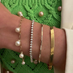 Pearl and Diamond Charm Chain Bracelet, 14K Yellow Gold- URBAETIS Fine Jewelry