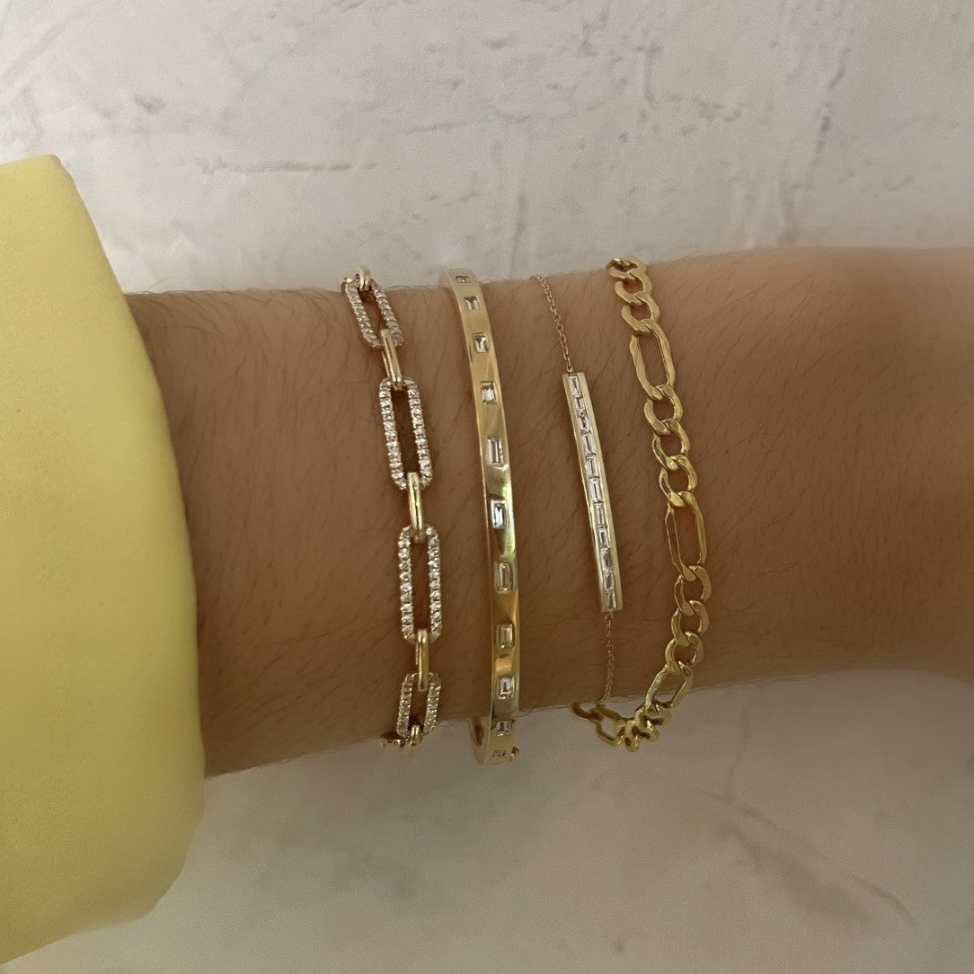 Inlay Diamond Baguette Bangle, 14K Yellow Gold- URBAETIS Fine Jewelry