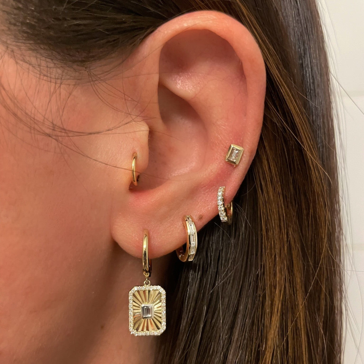 Channel Set Baguette Huggies, 14k Yellow gold -Urbaetis Fine Jewelry