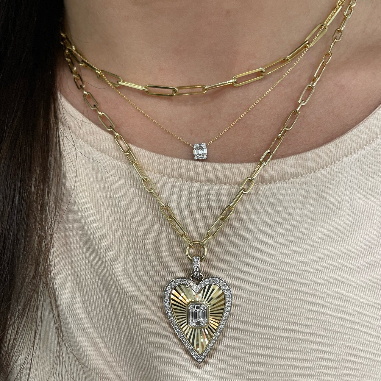 Illusion Emerald Diamond Necklace, North South, 14K Yellow Gold- URBAETIS Fine Jewelry