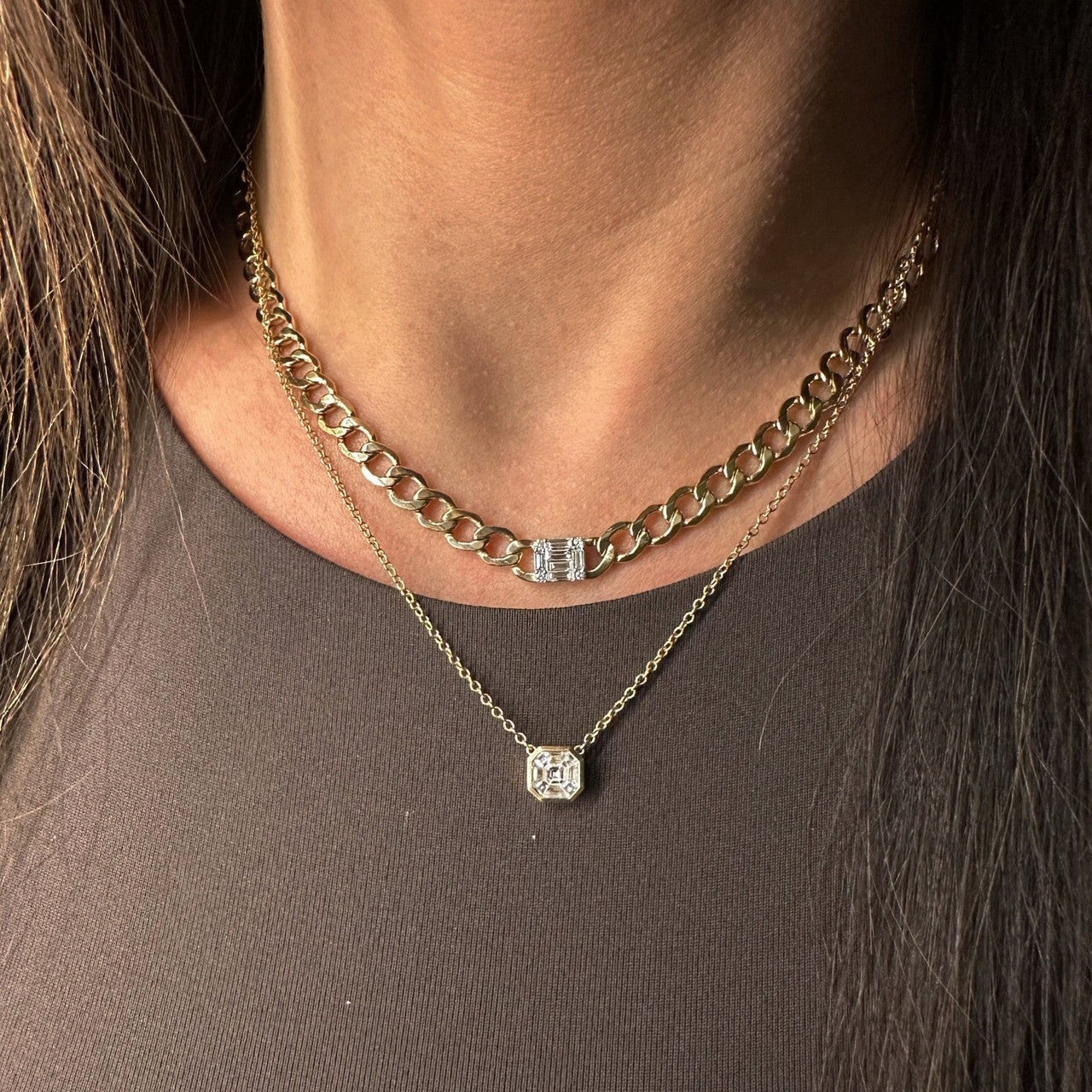 Asscher Diamond Illusion Necklace, 14K Yellow Gold- URBAETIS Fine Jewelry