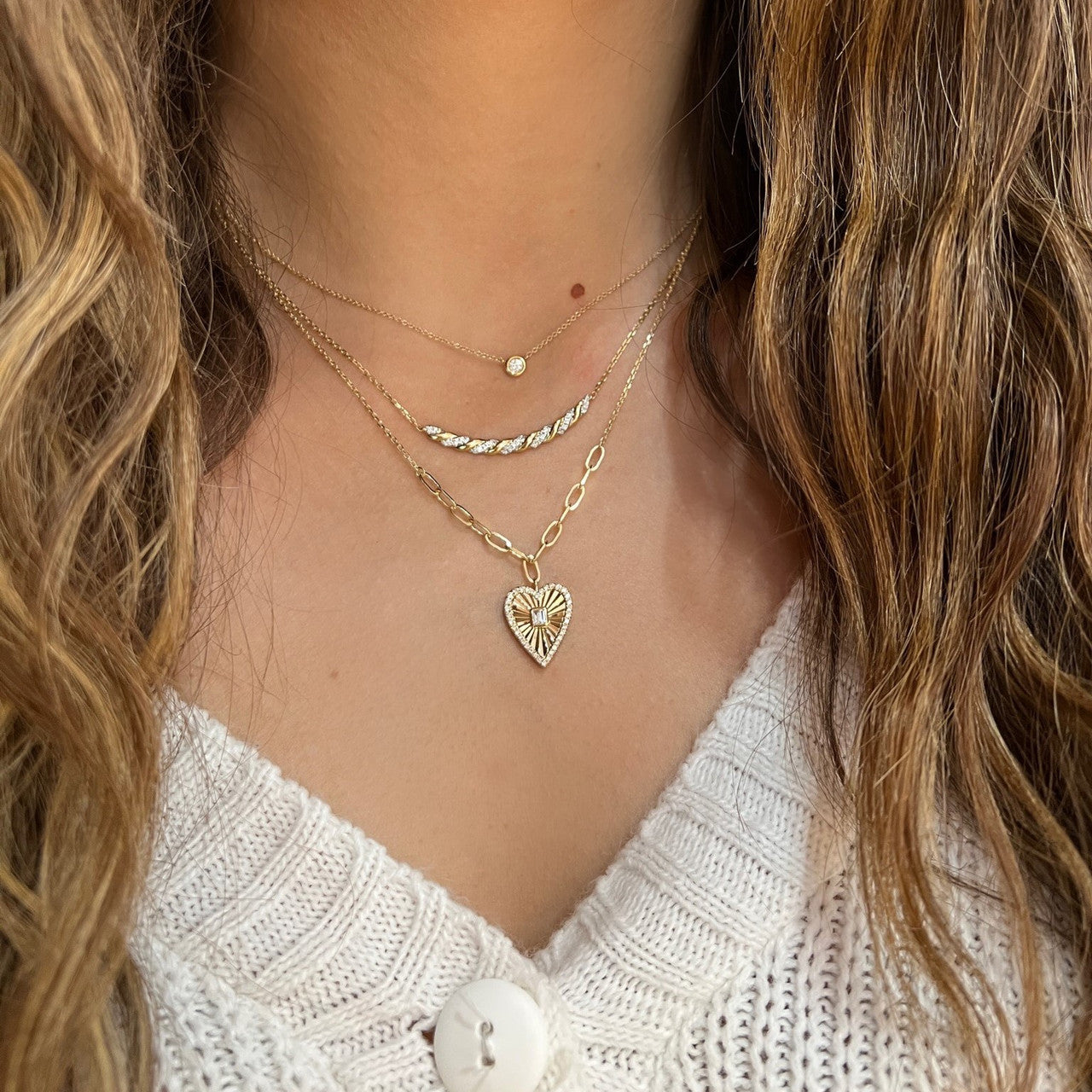 Twisted Gold and Diamond Bar Necklace, 14K Yellow gold- URBAETIS Fine jewelry