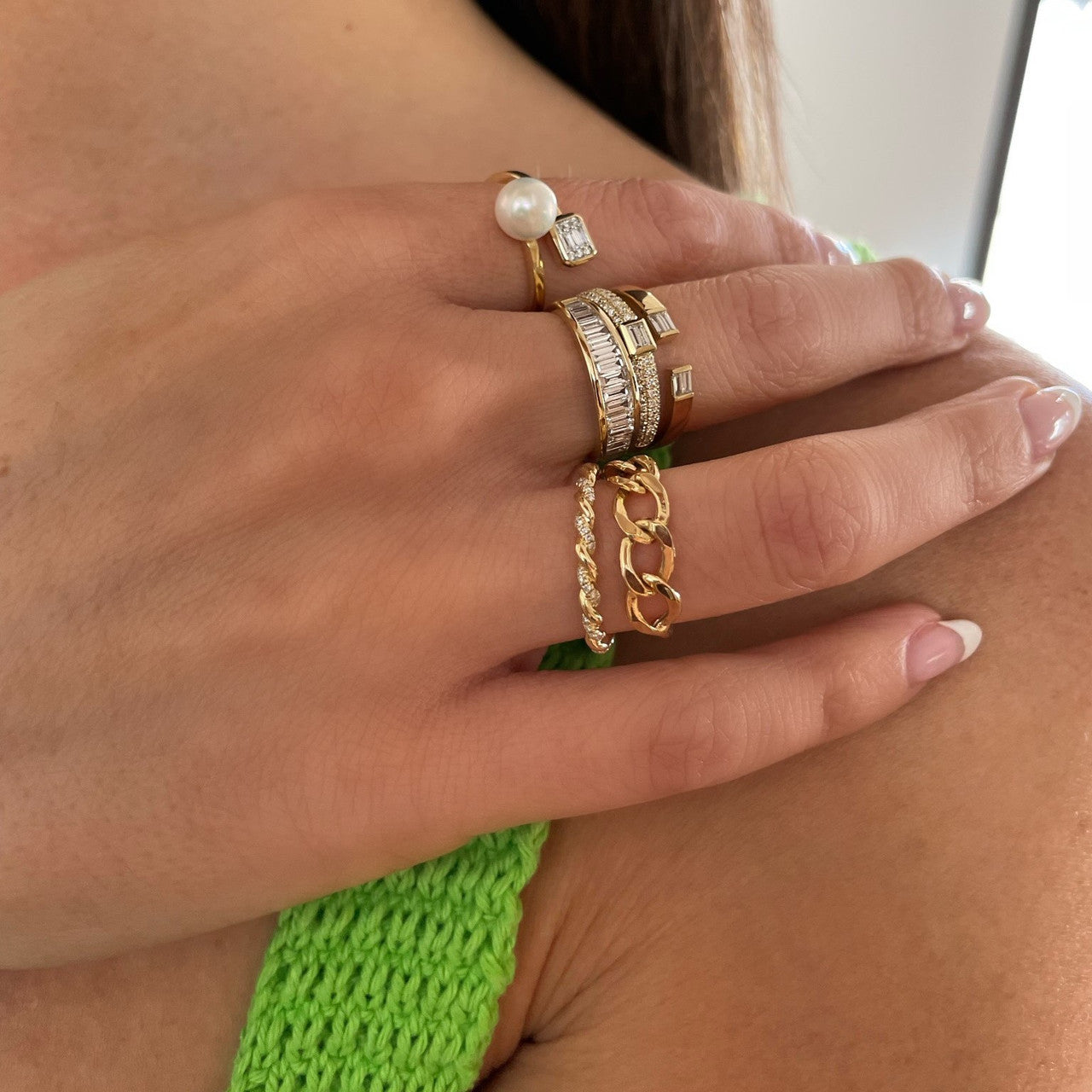 Three Row Pave Band with Baguettes, 14K Yellow Gold- URBAETIS Fine Jewelry